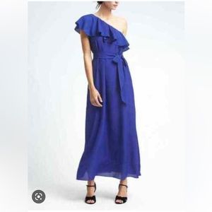 Banana Republic One Shoulder Royal Blue Ruffle Tie Chiffon Maxi Dress